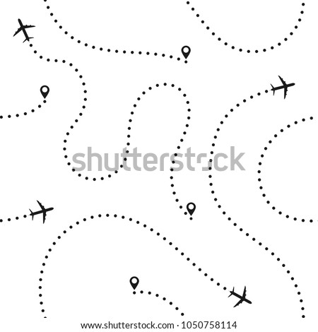 Travel concept seamless pattern. Abstract airplane routes. Travel and tourism seamless background with dotted airplane routes. Vector