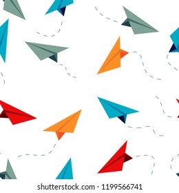 Travel Concept Seamless Pattern. Airplane Route In The Dotted Line Shape. Colorful Paper Airplanes, In Path. Vector