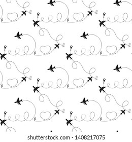Travel concept seamless pattern. Airplane route in the dotted line shape. Airplane path with location markers. Vector