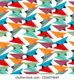 Travel concept seamless pattern. Colorful paper airplanes pattern. Vector