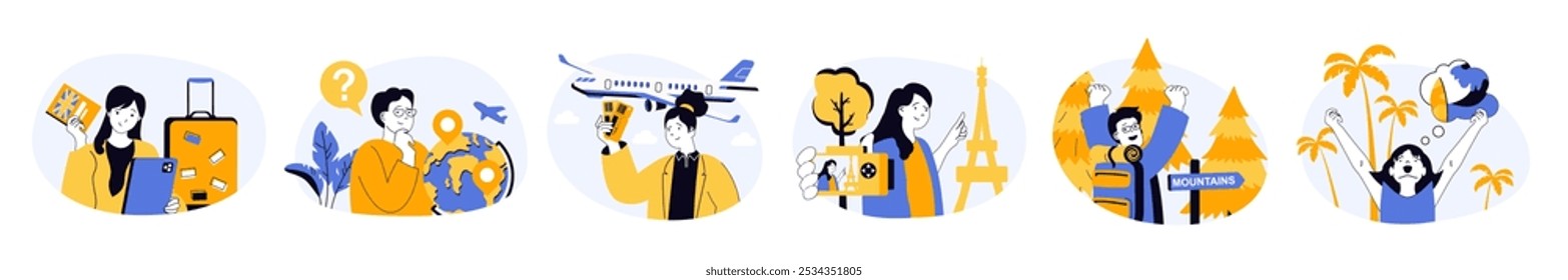 Travel concept set with characters in flat design for web. People with luggage flying in vacation trip, enjoying and sightseeing landmarks, hiking and trekking, rest by sea. Vector illustrations.