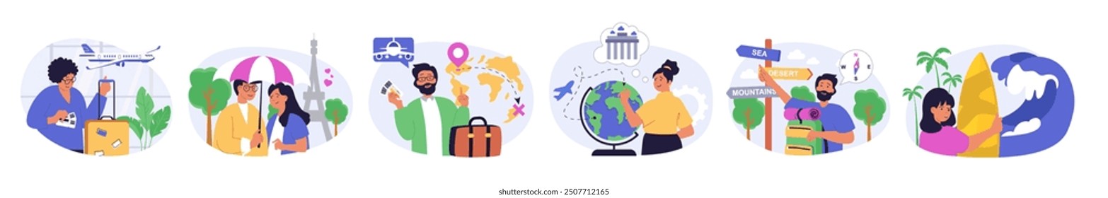 Travel concept set in flat design for web. Collection with people go in vacation with luggage, travelling in couple in romantic journey, booking tickets, planning global trip. Vector illustration.