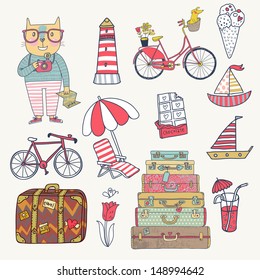 Travel concept set in vector. Cartoon hipster cat with bicycle, dog, ice-cream, sail boat, cases, chocolate, tulip and cocktails. Cartoon funny set