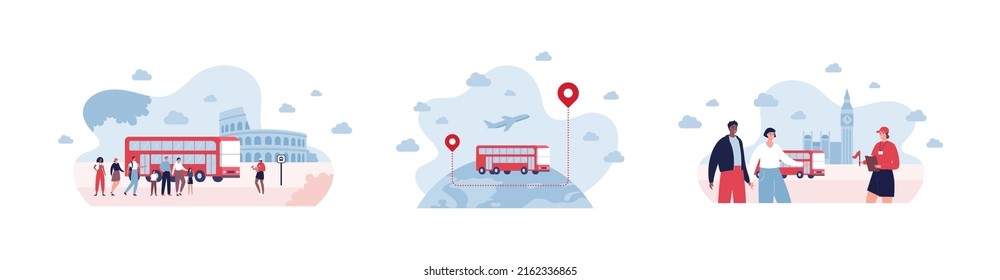 Travel concept and sightseeing collection. Vector flat illustration set. Red tourist bus symbol. Group of multiethic male and female people. Europe historic building silhouette on background.