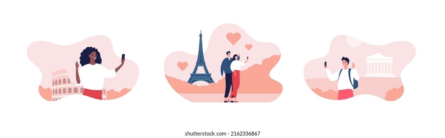 Concepto de viajes y colección de visitas turísticas. Conjunto de ilustración plana vectorial. Selfie masculino de hombre y mujer por smartphone. Símbolo de amor de forma cardíaca. Silueta de construcción histórica en Europa de fondo.