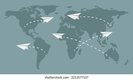 Travel Concept. A Simple Map Of The World With Flying Paper Planes. Vector Flat Illustration.