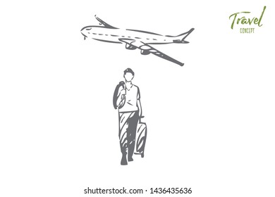 Travel concept sketch. Man traveling by plane. Walking through airport to gate. Flying to another country. Traveling light, little luggage. Exploring world alone. Isolated vector illustration