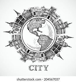 Travel Concept In Sketch Style With Government Buildings Around The Globe Vector Illustration