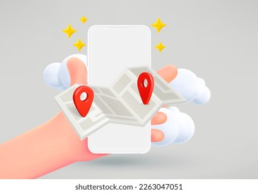 Travel concept with smartphone in a hand, map and pins. 3d vector illustration