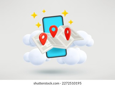 Travel concept with smartphone, map and pins. 3d vector illustration