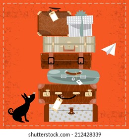 Travel concept. Stack of vintages suitcases. Vector illustration.