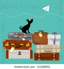Travel concept. Stack of vintages suitcases. Vector illustration.