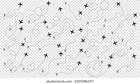 Concepto de viaje desde el punto de inicio y trazado de líneas punteadas. Trayectoria de ruta de avión o avión establecida. Seguimiento de aeronaves, trayectoria de avión, viaje, pasadores de mapa, pasadores de localización. Ilustración vectorial. Bg transparente.