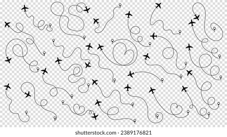 Concepto de viaje desde el punto de inicio y trazado de líneas punteadas. Trayectoria de ruta de avión o avión establecida. Seguimiento de aeronaves, trayectoria de avión, viaje, pasadores de mapa, pasadores de localización. Ilustración vectorial. Bg transparente.