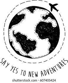 Travel concept. Stylish vector illustration with hand drawn planet and airplane.