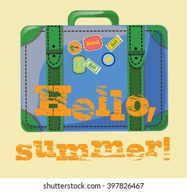 Travel concept with suitcase baggage. Hello summer lettering.Vector illustration