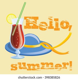 Travel concept with suitcase baggage. Hello summer lettering.Vector illustration