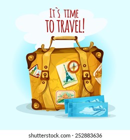 Travel concept with suitcase baggage and tourist stickers vector illustration