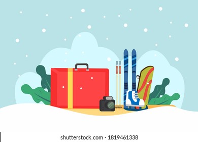 Travel concept: Travel suitcase with camera, snowboard, ski, and ice skating shoes for winter holiday