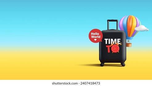 Travel concept with travel suitcase, hot air balloon and alarm clock, time to travel banner, render cartoon style composition