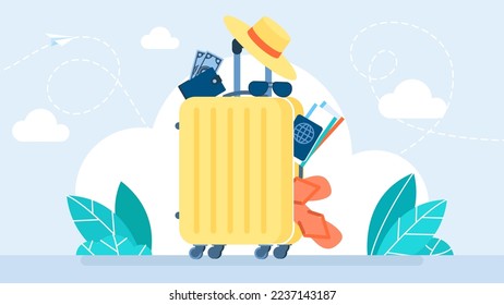 Concepto de viaje con maleta. Vacaciones de verano. Maleta con cosas, boletos, pasaporte, dinero, gafas, chanclas y accesorios. Preparación para las vacaciones de temporada. Viajes. Ilustración plana del vector