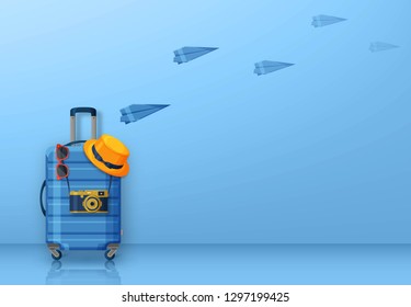 Travel concept with suitcase, sunglasses, hat and camera on blue background. Flying paper planes at the back. Vector illustration,