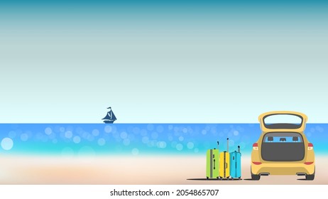 Travel concept. Suitcases and bags in trunk of car ready to summer trip.