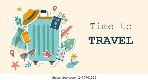 Travel concept. Travel summer banner with suitcase and accessories for trip. Illustration in flat style.