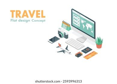 Travel concept. Travel summer planing with passport, camera and accessories for trip. isometric flat design.