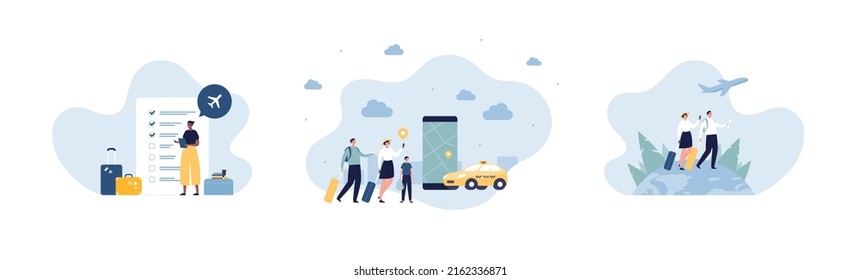 Travel concept and taxi transportation collection. Vector flat illustration set. Group of male and female tourist family with baggage. Car, airplane, planet earth, task list and smartphone symbol.