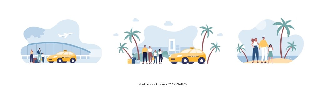 Travel concept and taxi transportation collection. Vector flat illustration set. Group of male and female tourist family with baggage. Car, airplane, hotel building and aiport terminal symbol.