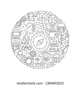 Travel concept in thin flat illustration. Tourism line icons in round shape isolated vector illustration. Round design element with travel icons - Vector