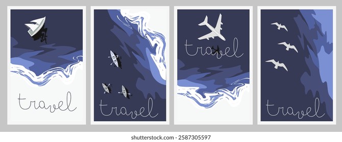 Travel concept. Top view of the seashore. Ocean waves from a bird's eye view. Coastline. EPS 10.