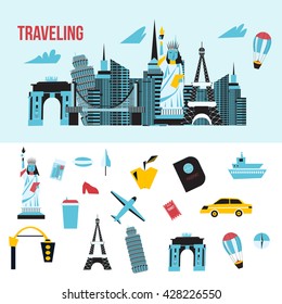 Travel concept and tourism background and locations with icons.