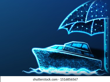 Travel Concept. With Umbrella and Ship from line and dot. Abstract low Poly Wireframe Mesh Design. Vector Illustration. Blue Background