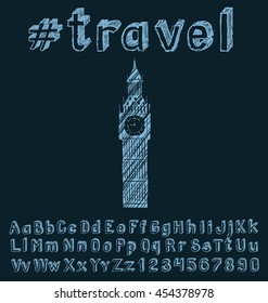 Travel concept. Vector background with hand made font and monument