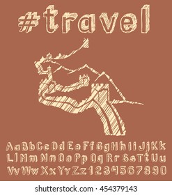 Concepto de viajes. Fondo vectorial con tipo de letra y monumento hechos a mano