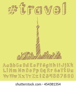 Travel concept. Vector background with hand made font and monument