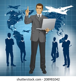Travel concept. Vector business man shows something with his finger