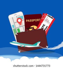 Travel concept vector illustration background. Vacation tourism trip airplane with ticket, map, suitcase, passport. Flight adventure around world explorer banner