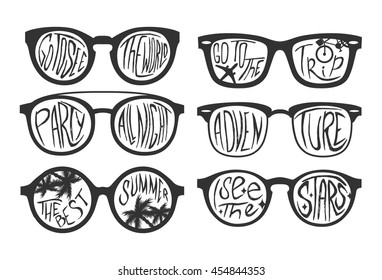 Travel concept vector illustration in black and white style. Travel motivation text in sunglasses. Let's see the world hand drawn typography logo.