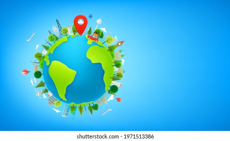 Travel concept vector illustration with the Earth. Cute 3d style illustration with copy space