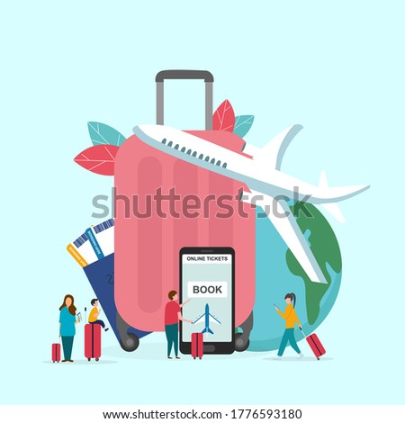 Travel Concept. Vector illustration of earth, plane, bag, people and cell phone with booking web site on screen