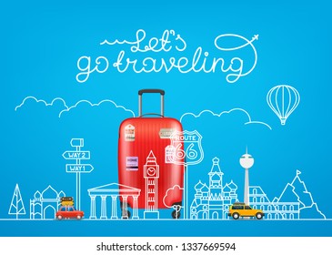 Travel concept. Vector illustration with famous sights and accessories