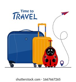 Travel concept vector illustration in flat style design. Time to Travel tourism poster design. Airplane flight route with start point and dash line trace near the tourists luggage. Vacation banner