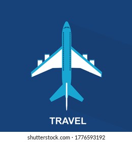 Travel Concept. Vector illustration of flat airplane, view of a flying aircraft over blue background