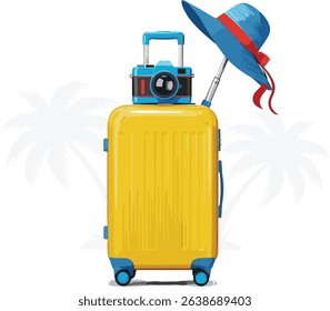 Travel concept vector illustration in flat style design. Women's suitcase with women summer hat and camera under the palm trees silhouette. Tourists luggage. Vacation banner