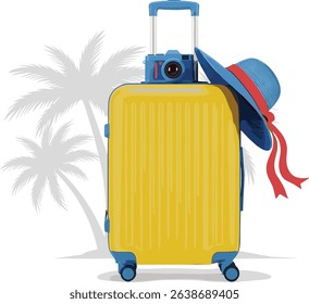 Travel concept vector illustration in flat style design. Women's suitcase with women summer hat and camera under the palm trees silhouette. Tourists luggage. Vacation banner