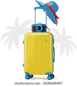 Travel concept vector illustration in flat style design. Women's suitcase with women summer hat and camera under the palm trees silhouette. Tourists luggage. Vacation banner