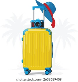 Travel concept vector illustration in flat style design. Women's suitcase with women summer hat and camera under the palm trees silhouette. Tourists luggage. Vacation banner